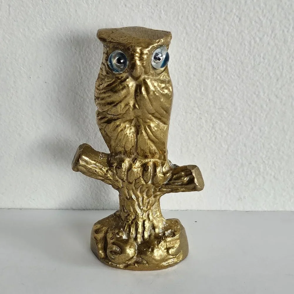 Brass Owl on Perch glass eyes figurine